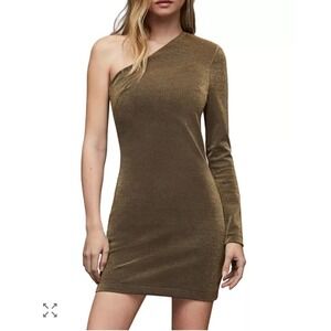 AllSaints Dari Gold Metallic One Shoulder Long Sleeve‎ Mini Dress Sz 2 Glam